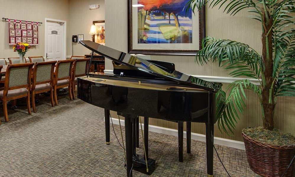 A grand piano in a well-decorated room with artwork and greenery.
