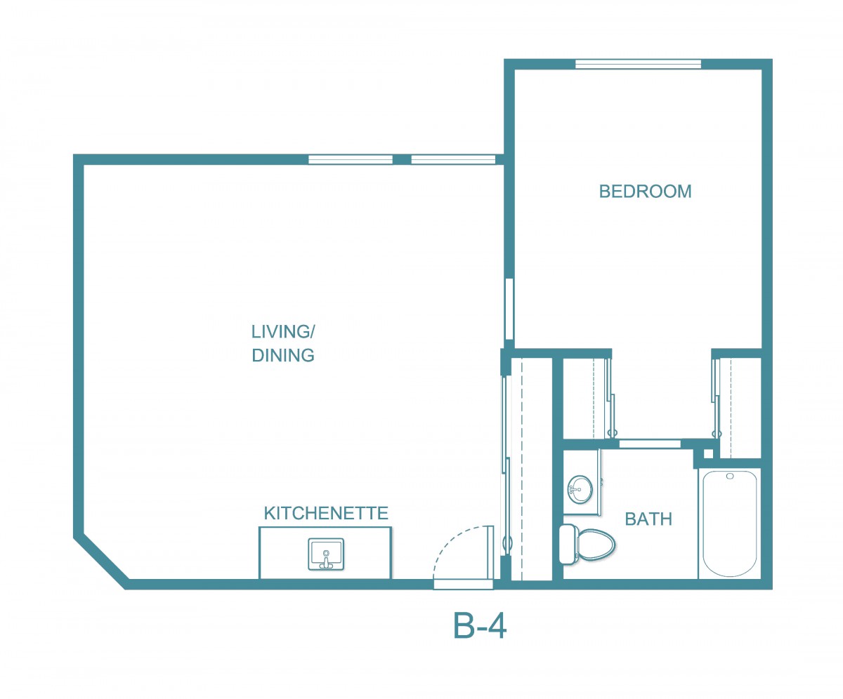 A floor plan of a one-bedroom apartment with a kitchenette and bathroom.