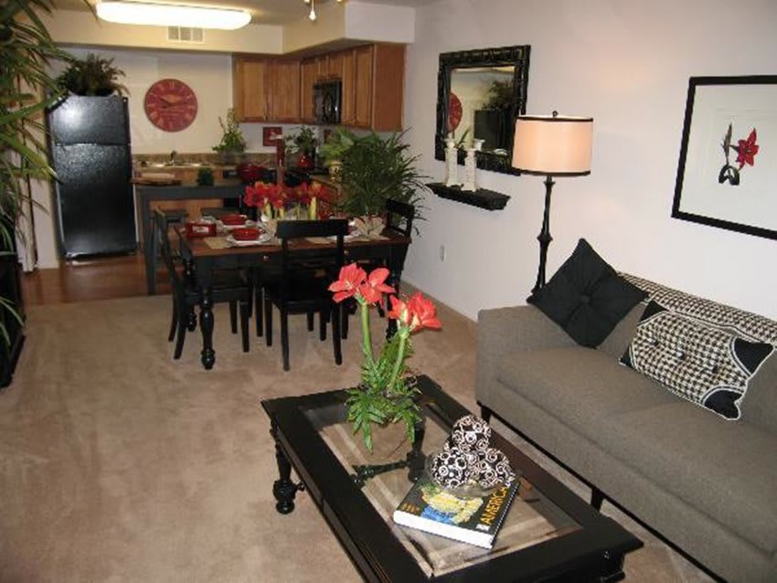 A modern open-concept living space with a kitchen, dining area, and comfortable seating.