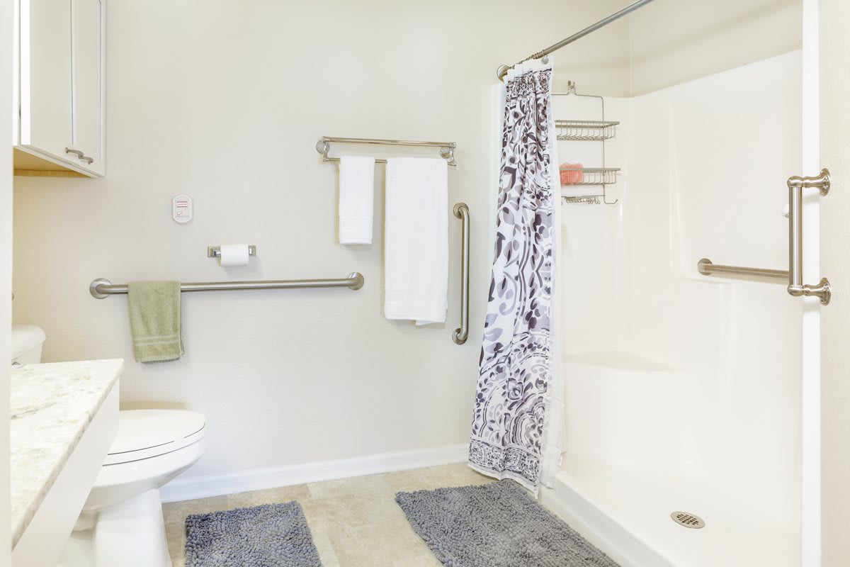 A clean and well-organized bathroom with a shower, patterned curtain, towels, and safety grab bars.