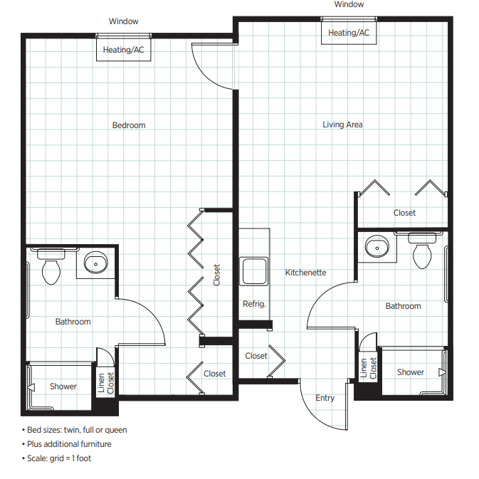 A detailed floor plan of a two-bedroom apartment with designated areas for living, dining, and kitchen spaces.