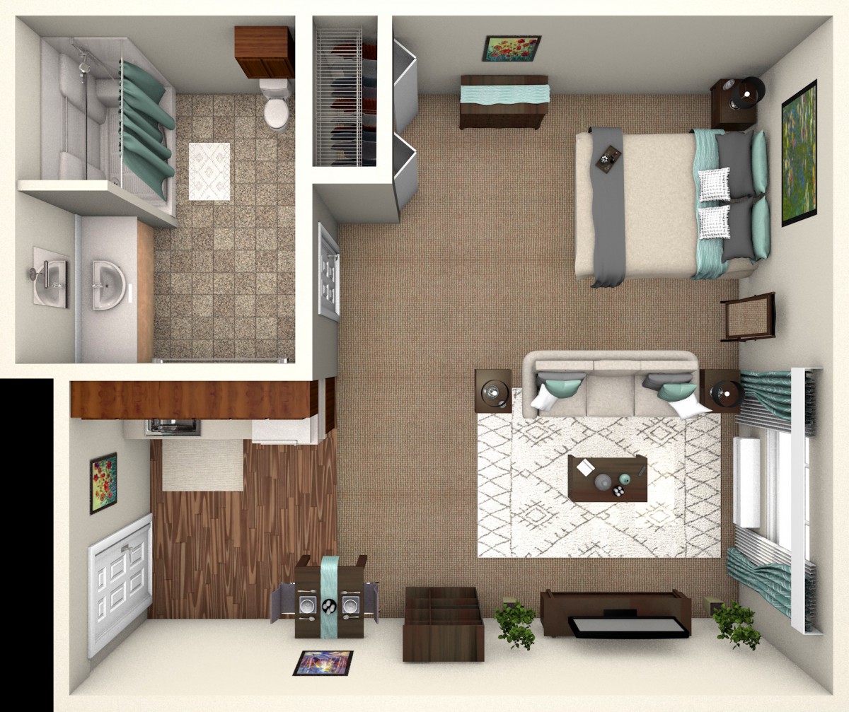 A detailed floor plan of a one-bedroom apartment showing the layout of the living room, kitchen, and bathroom.