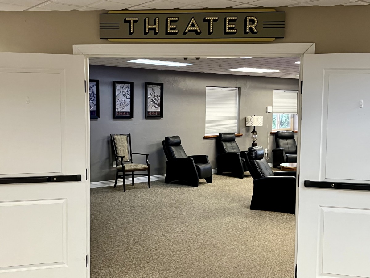 A modern theater room with recliner seating and stylish decor.