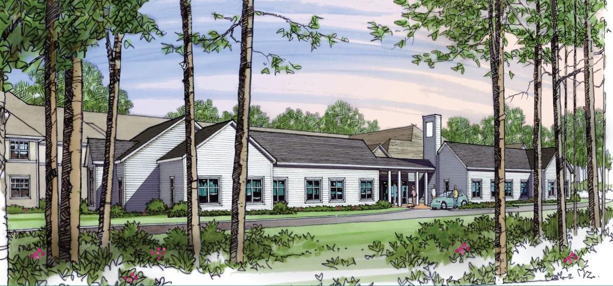 Illustrated view of a modern building surrounded by trees.