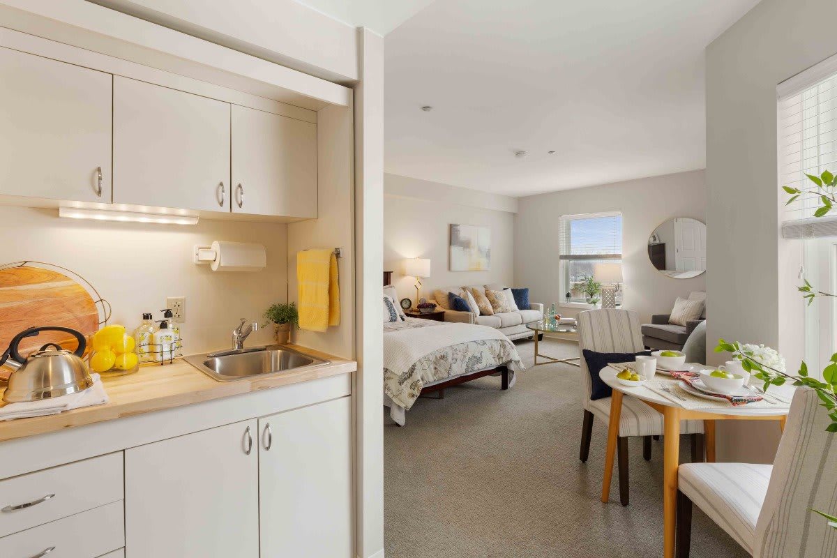 A cozy studio apartment featuring a kitchenette, bedroom area, and modern decor.