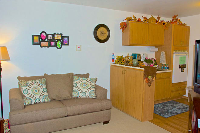 A cozy living room with a sofa and a decorated kitchen area.