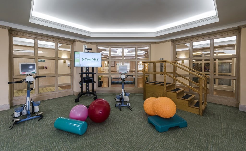 A physical therapy room equipped with exercise balls, mats, and a treadmill.