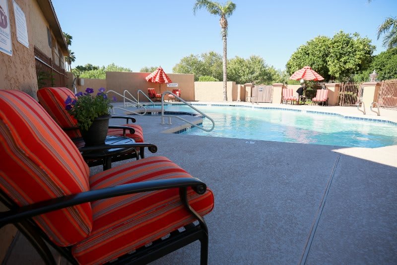 A sunny outdoor swimming pool area with comfortable patio furniture.