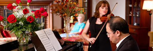 A violinist performs in a cozy sitting room, while an elderly listener enjoys the music.