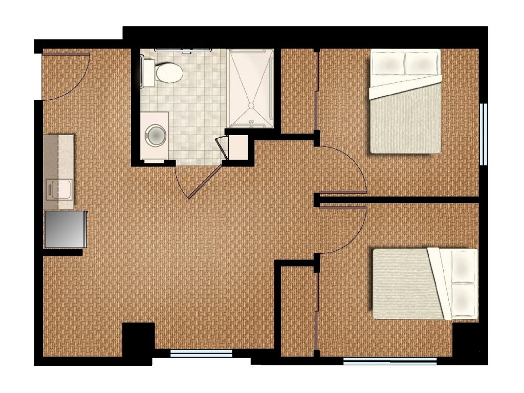 A floor plan depicting an apartment with two bedrooms, a bathroom, and a central living area.