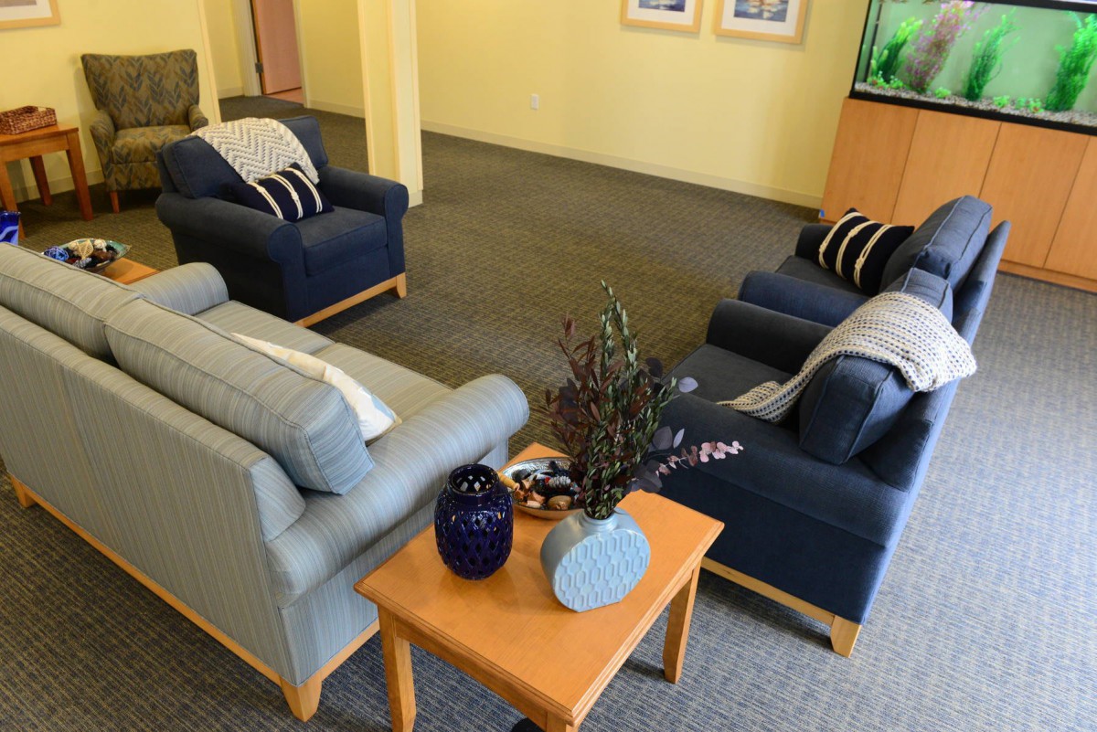 A cozy living room setup with comfortable couches and a coffee table adorned with decorative items.