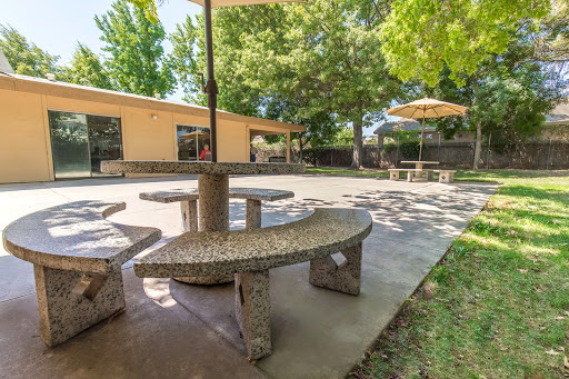 A tranquil outdoor seating area featuring concrete benches and umbrellas, surrounded by greenery.