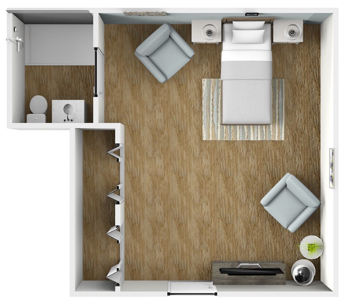 An overhead view of a room layout with furniture, including chairs and a bed.