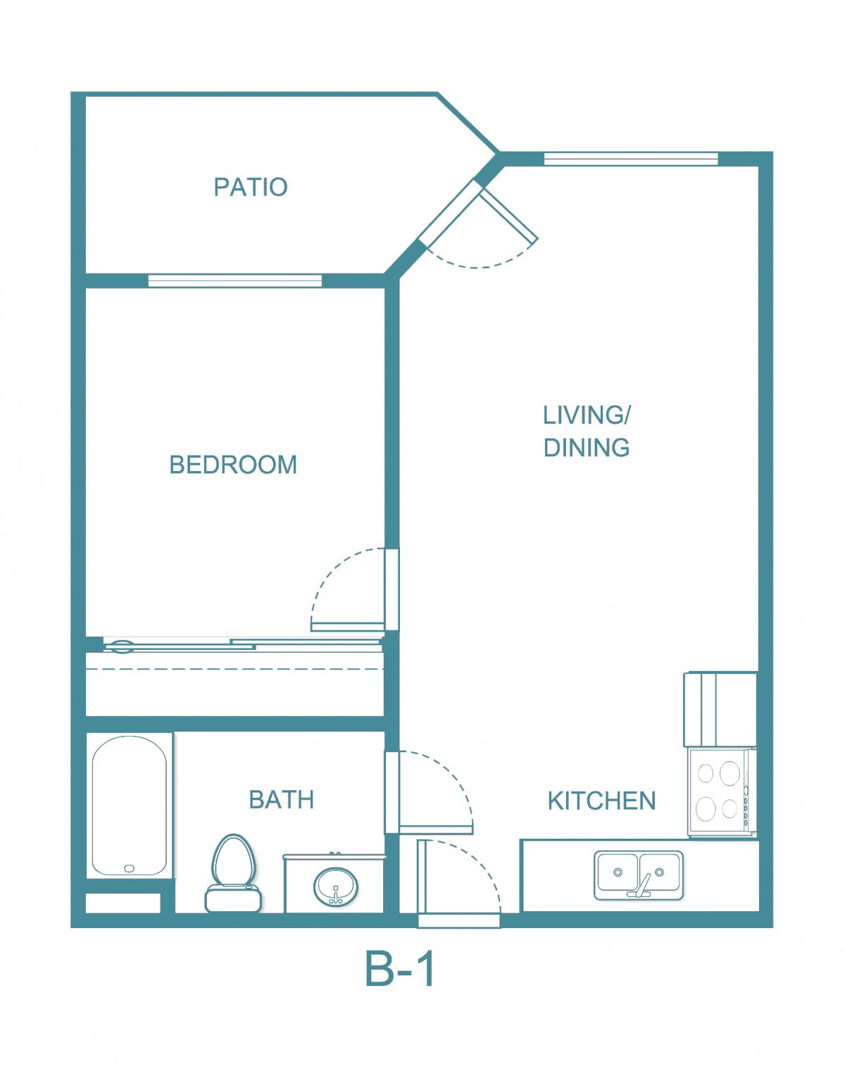 An apartment floor plan featuring one bedroom, a bathroom, a kitchen, a combined living and dining area, and a patio.