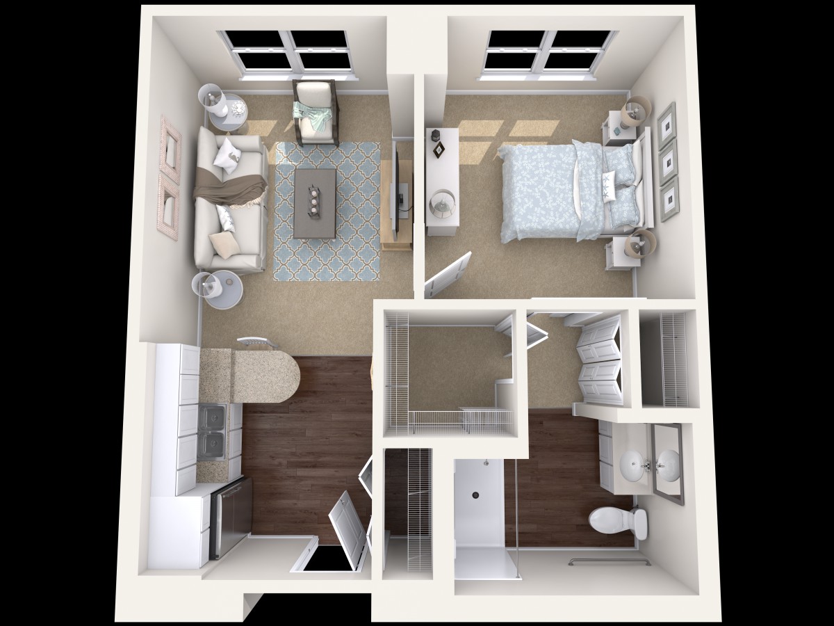 A 3D floor plan of a one-bedroom apartment featuring a living room, kitchen, bathroom, and bedroom.