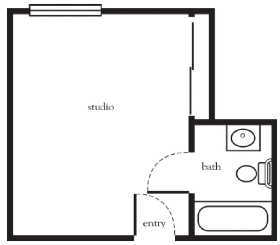 Studio apartment floor plan with bathroom and entryway.