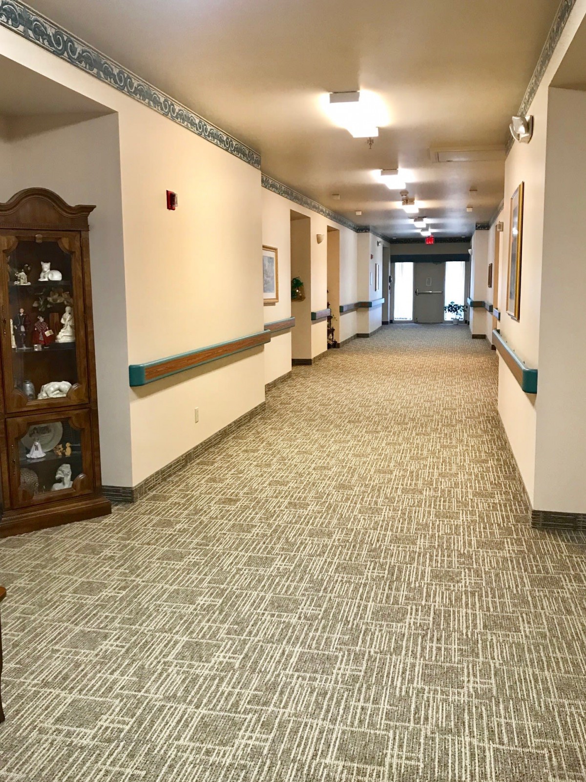 A long, carpeted hallway with decorative shelves and overhead lighting.