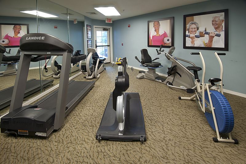 A small gym containing various exercise equipment including a treadmill, stationary bike, and rowing machine.