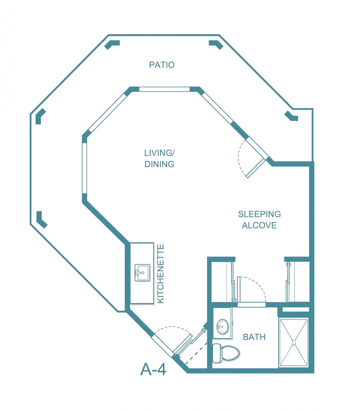This is a floor plan of an apartment featuring a patio, lounge/dining area, kitchen, sleeping alcove, and a bathroom.