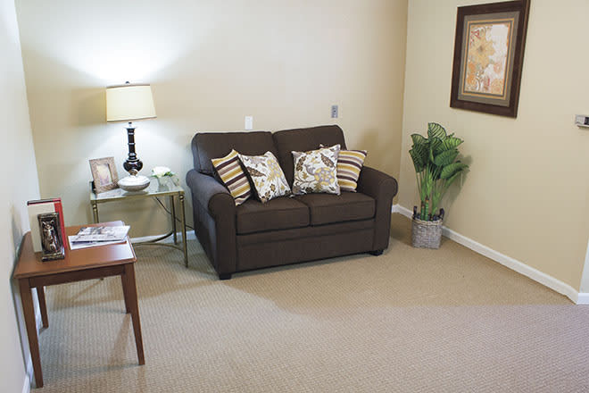 A cozy living room corner with a sofa, side table, lamp, and plants.