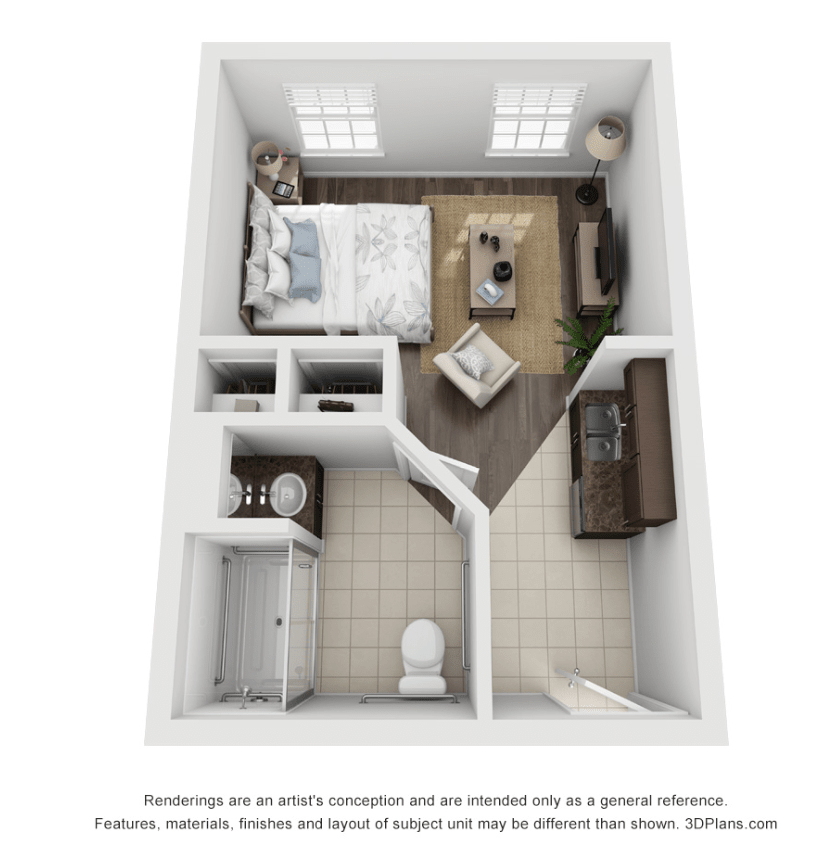 3D floor plan of a compact studio apartment with a combined living and sleeping area, kitchen, and bathroom.