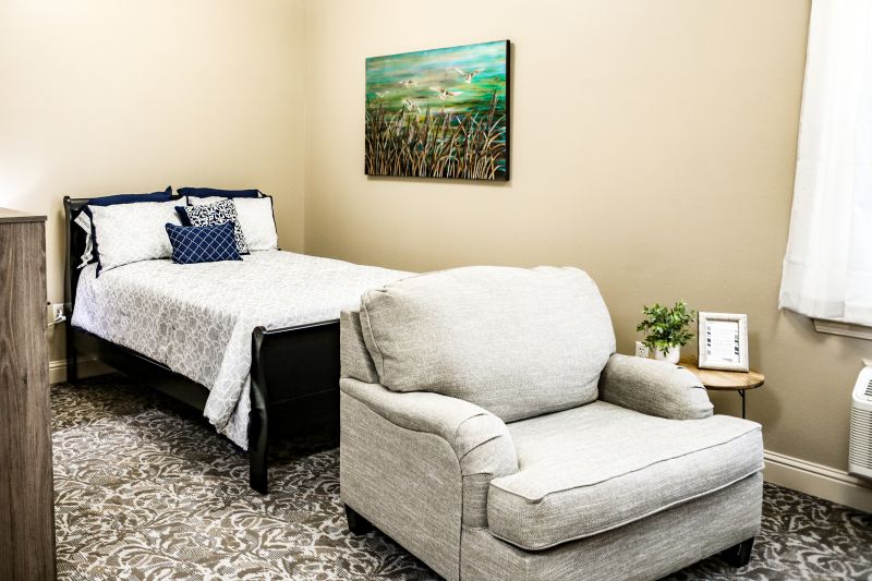 A cozy bedroom with a single bed, armchair, artwork on the wall, and an indoor plant.