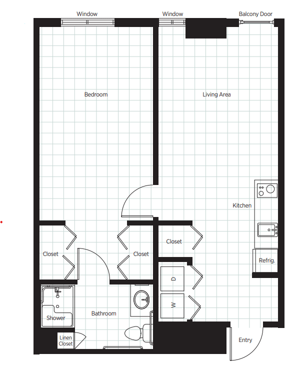A detailed floor plan layout of an apartment showing the arrangement of rooms.