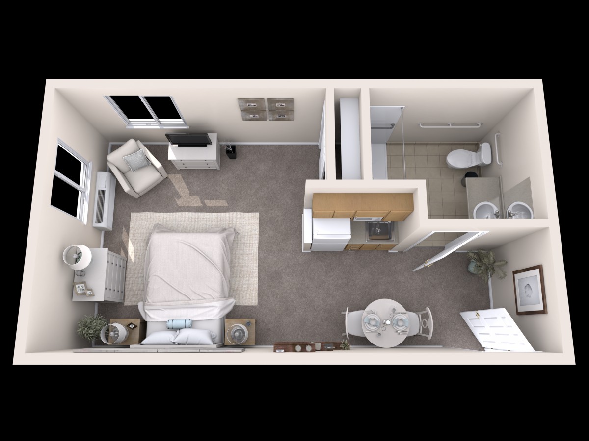 A modern apartment floor plan with a bedroom, living area, kitchenette, and bathroom.