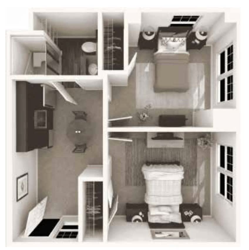 A top view of a two-bedroom apartment floor plan with a living area and bathroom.
