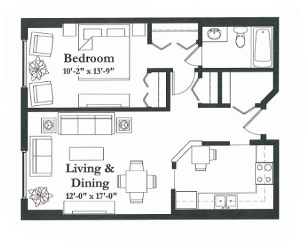One-bedroom apartment floor plan with living room, kitchen, and bathroom.