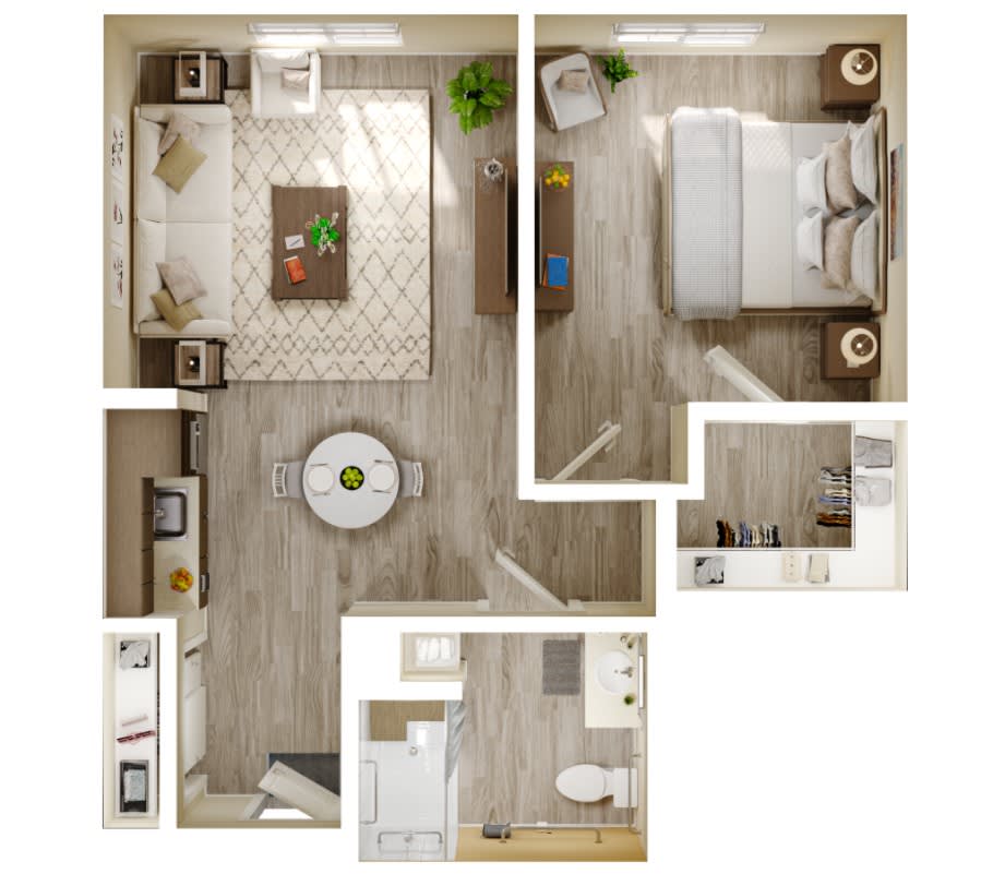 A compact and efficient one-bedroom apartment floor plan with a living room, kitchen, and bathroom.