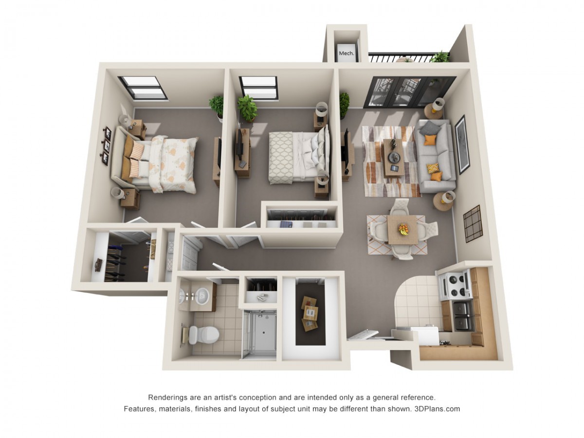 This image shows a 3D floor plan of a two-bedroom apartment, complete with furniture layout and interior design elements.