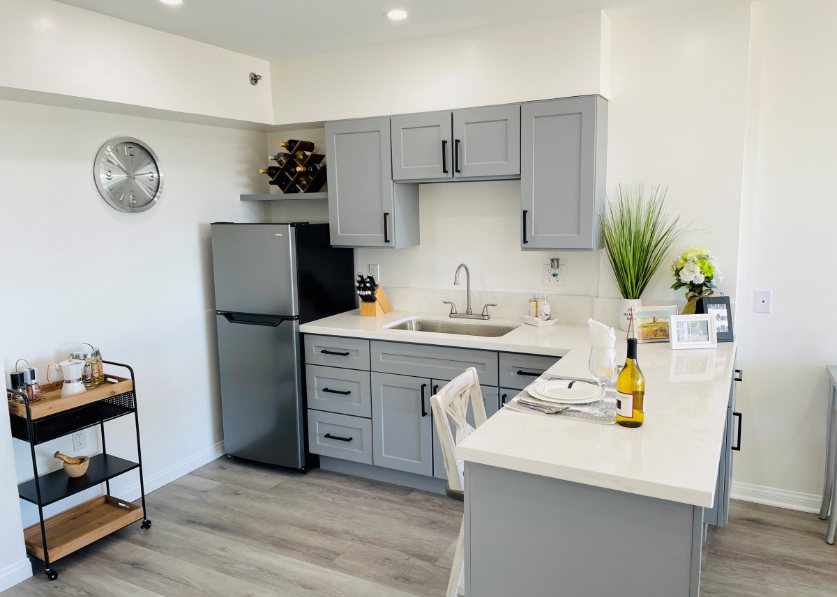 A modern kitchen with gray cabinets and contemporary decor.