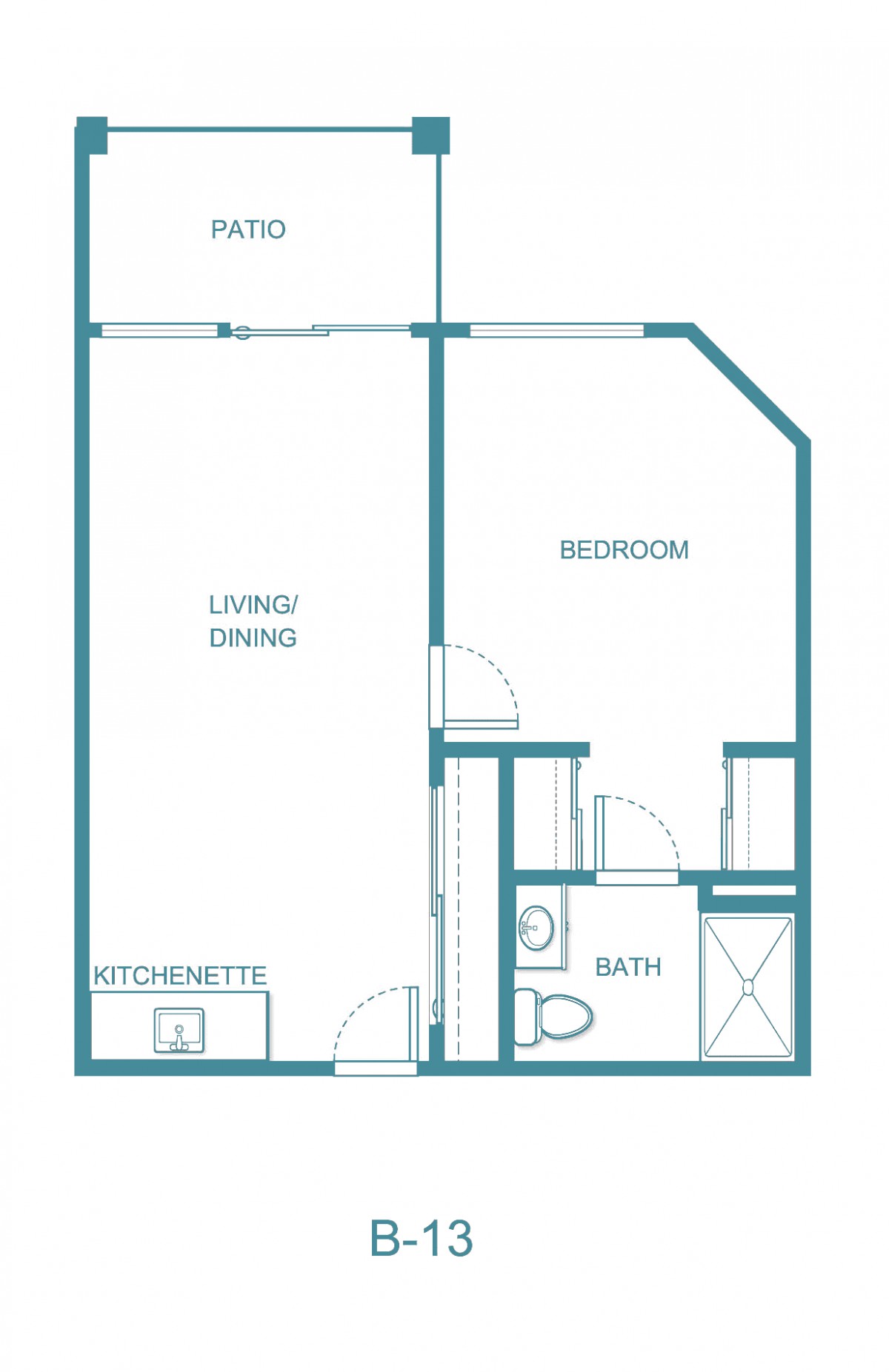 A floor plan of a one-bedroom apartment showing the layout of the living area, kitchen, bathroom, and bedroom.
