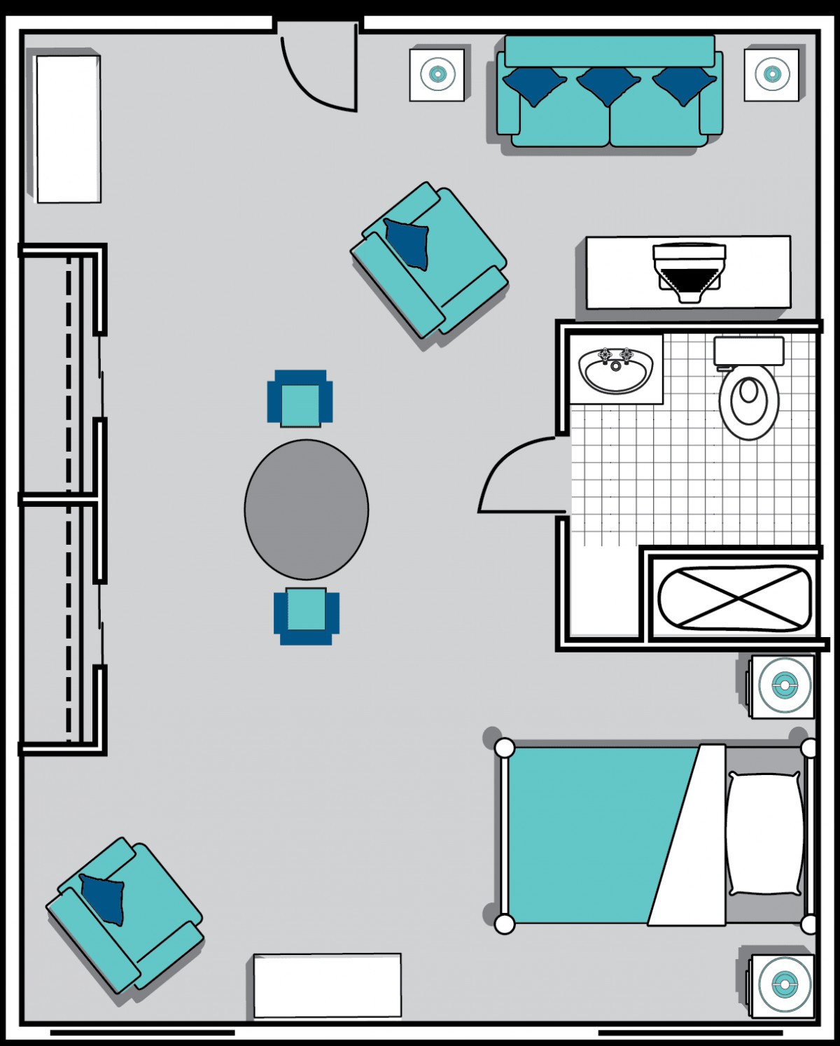 A floor plan depicting an apartment with a bedroom, living room, and bathroom.