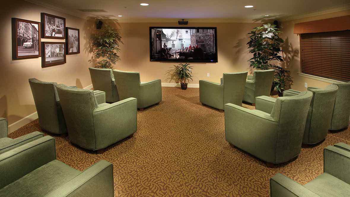 A cozy home theater with comfortable armchairs and a large screen television, complemented by decorative indoor plants.