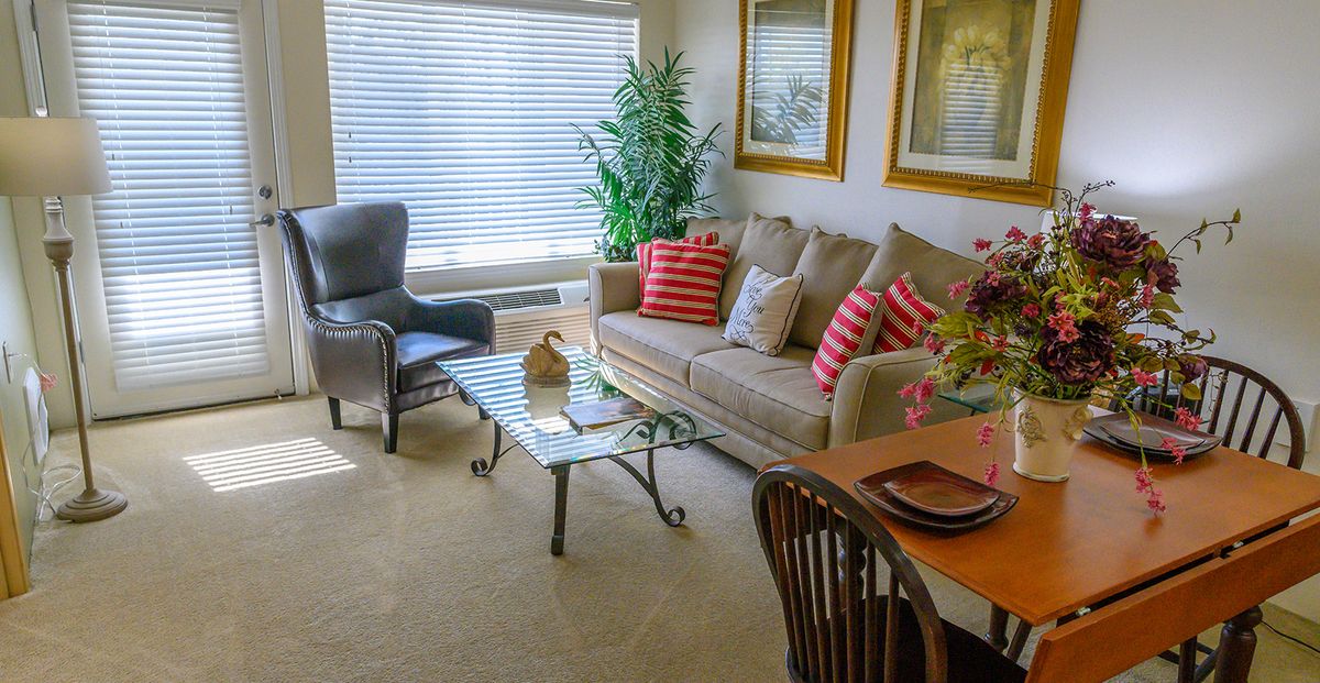 A cozy living room with a sofa, armchair, and coffee table, featuring decorative pillows and artwork.
