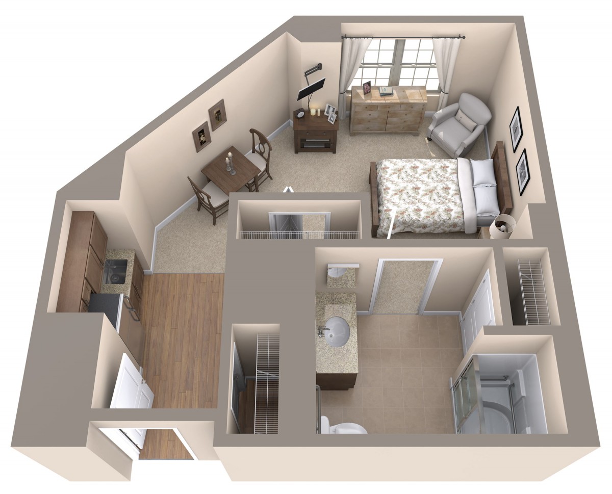 A 3D floor plan of a one-bedroom apartment with a living area, bathroom, and kitchen.