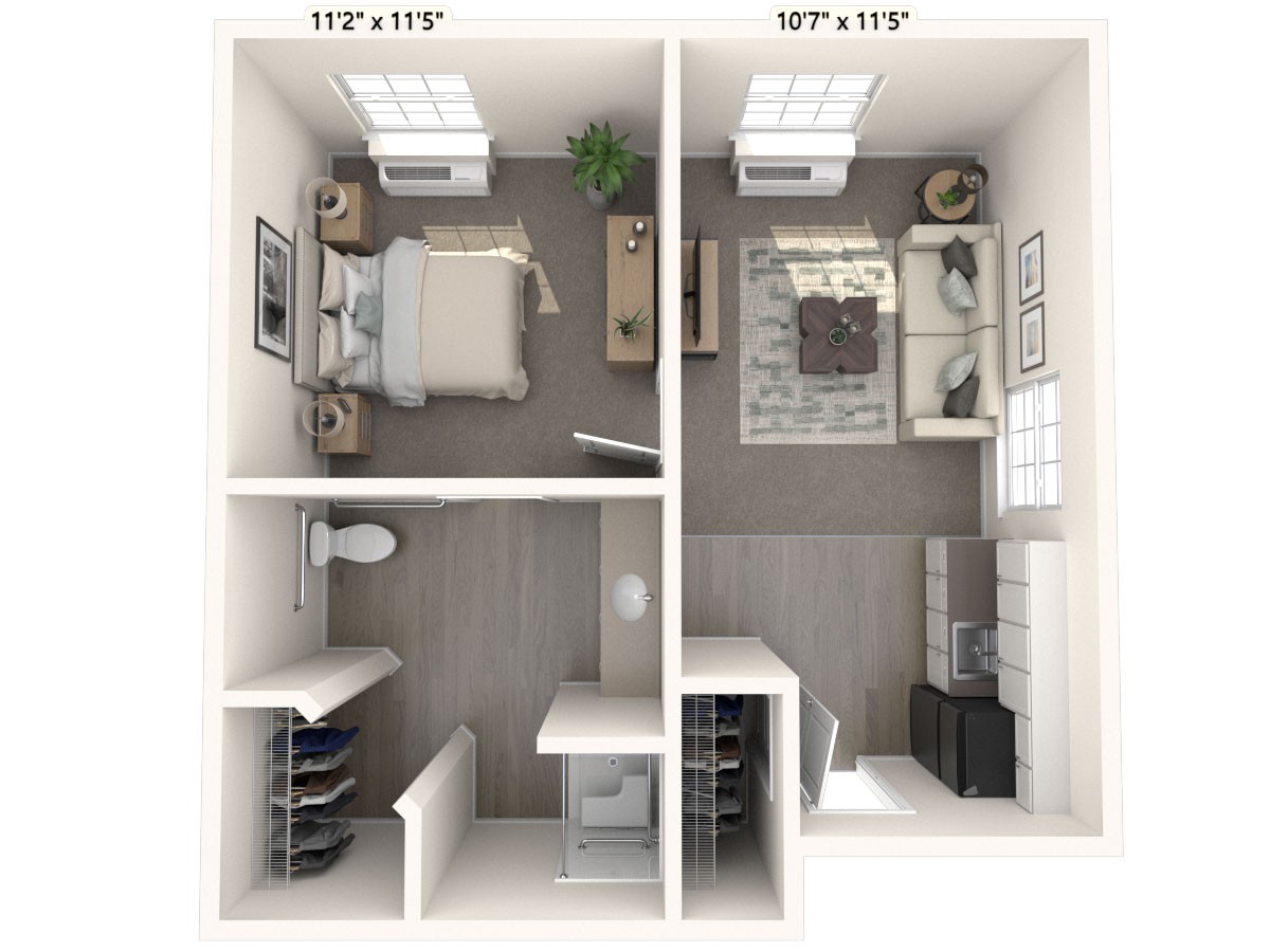 A detailed floor plan of a one-bedroom apartment, showcasing the arrangement of furniture and rooms.