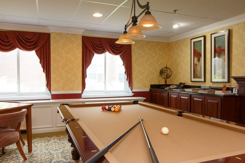 A well-lit game room featuring a pool table with cue sticks and decorative elements.