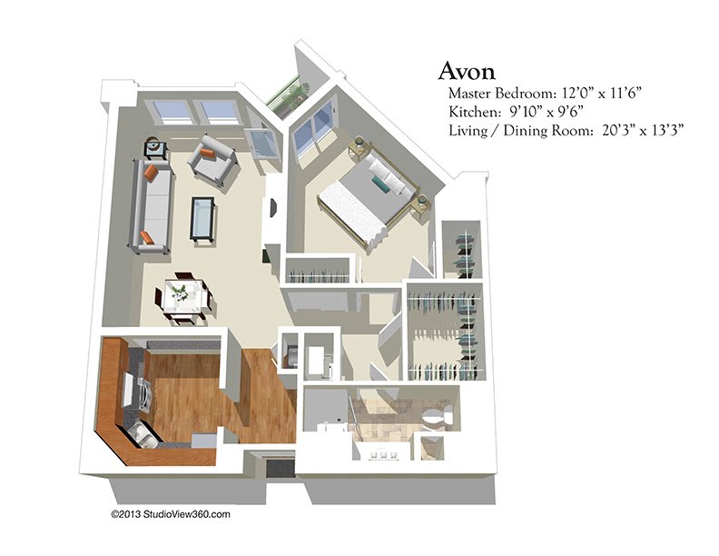 A detailed floor plan of a one-bedroom apartment with designated areas for the kitchen, living room, and bedroom.