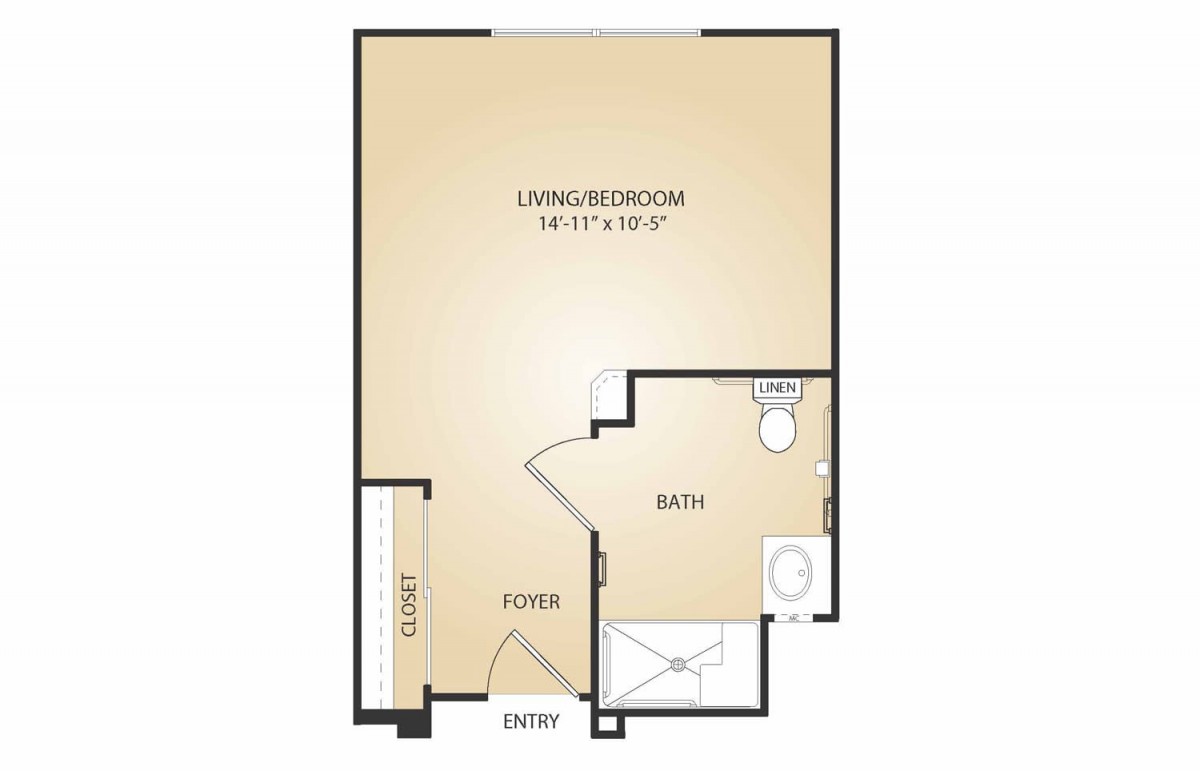 A floor plan of a studio apartment featuring a combined living/bedroom area and a separate bathroom.