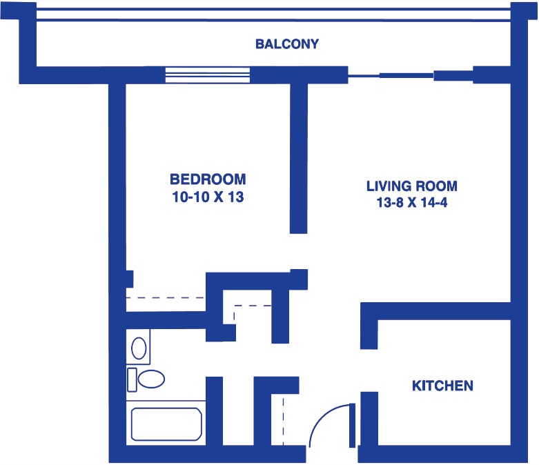 A floor plan of a one-bedroom apartment with a living room, kitchen, bathroom, and balcony.