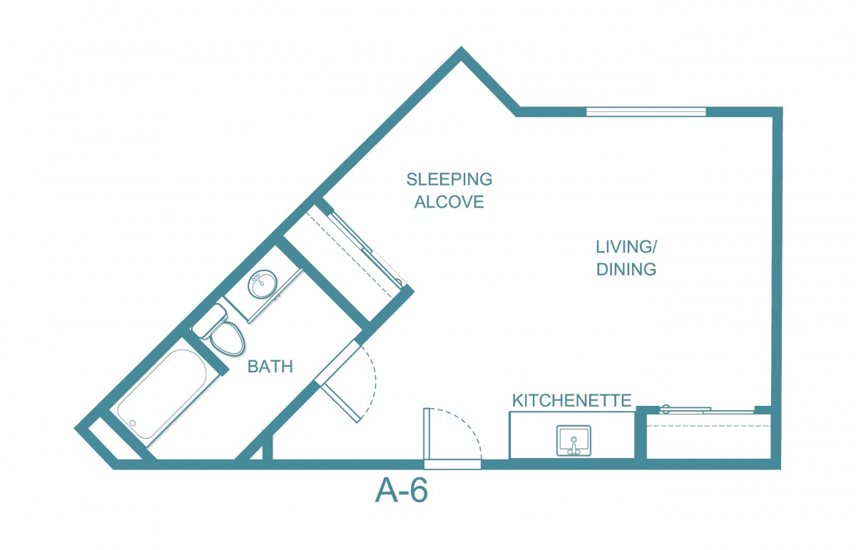 Studio apartment floor plan with sleeping alcove, living/dining area, kitchenette, and bath.