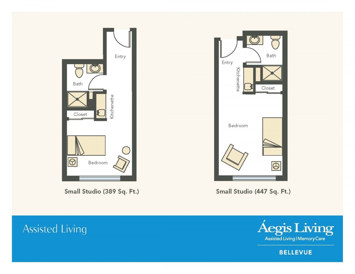Floor plans of small studio apartments showcasing different layout options.