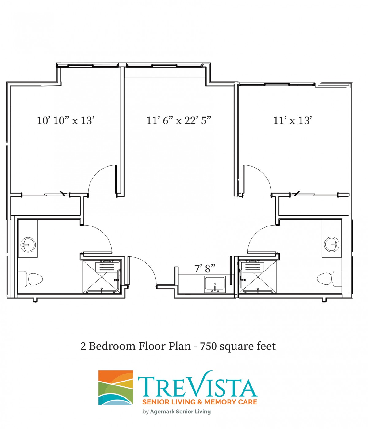 A floor plan of a 2-bedroom apartment measuring 750 square feet, featuring a symmetrical layout with two bathrooms.