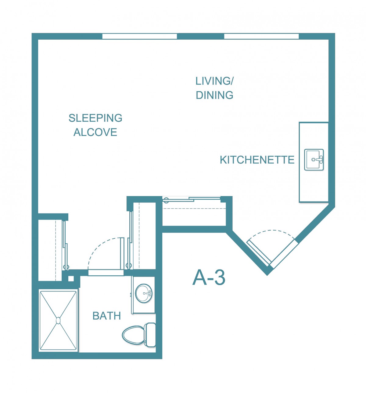 Studio apartment floor plan with sleeping alcove, living/dining area, kitchenette, and bathroom.