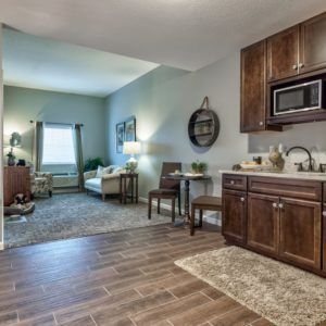 A modern open-concept living space featuring a kitchenette and cozy seating area with wood flooring.