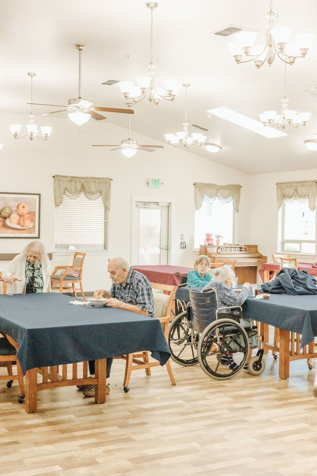 Elderly residents spending time in a nursing home common area.