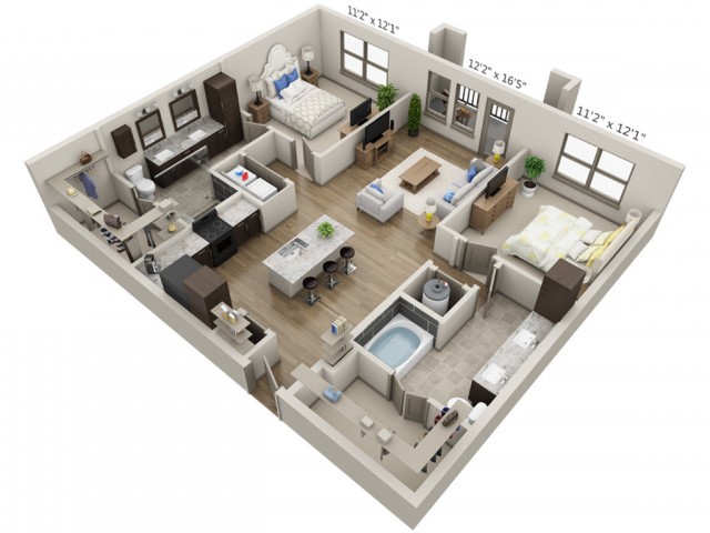 A 3D-rendered floor plan of a modern apartment with an open living area, kitchen, two bedrooms, and two bathrooms.